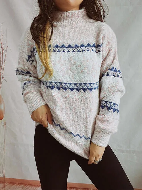 Geometric Mock Neck Dropped Shoulder Sweater