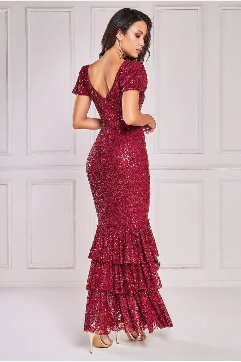 Goddiva Puff Sleeve Tiered Hem Maxi Dress - Wine