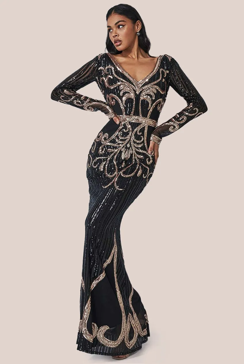 Goddiva Sequin & Mesh Embroidered Maxi - Black