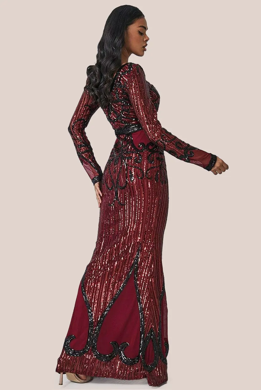 Goddiva Sequin & Mesh Embroidered Maxi - Wine