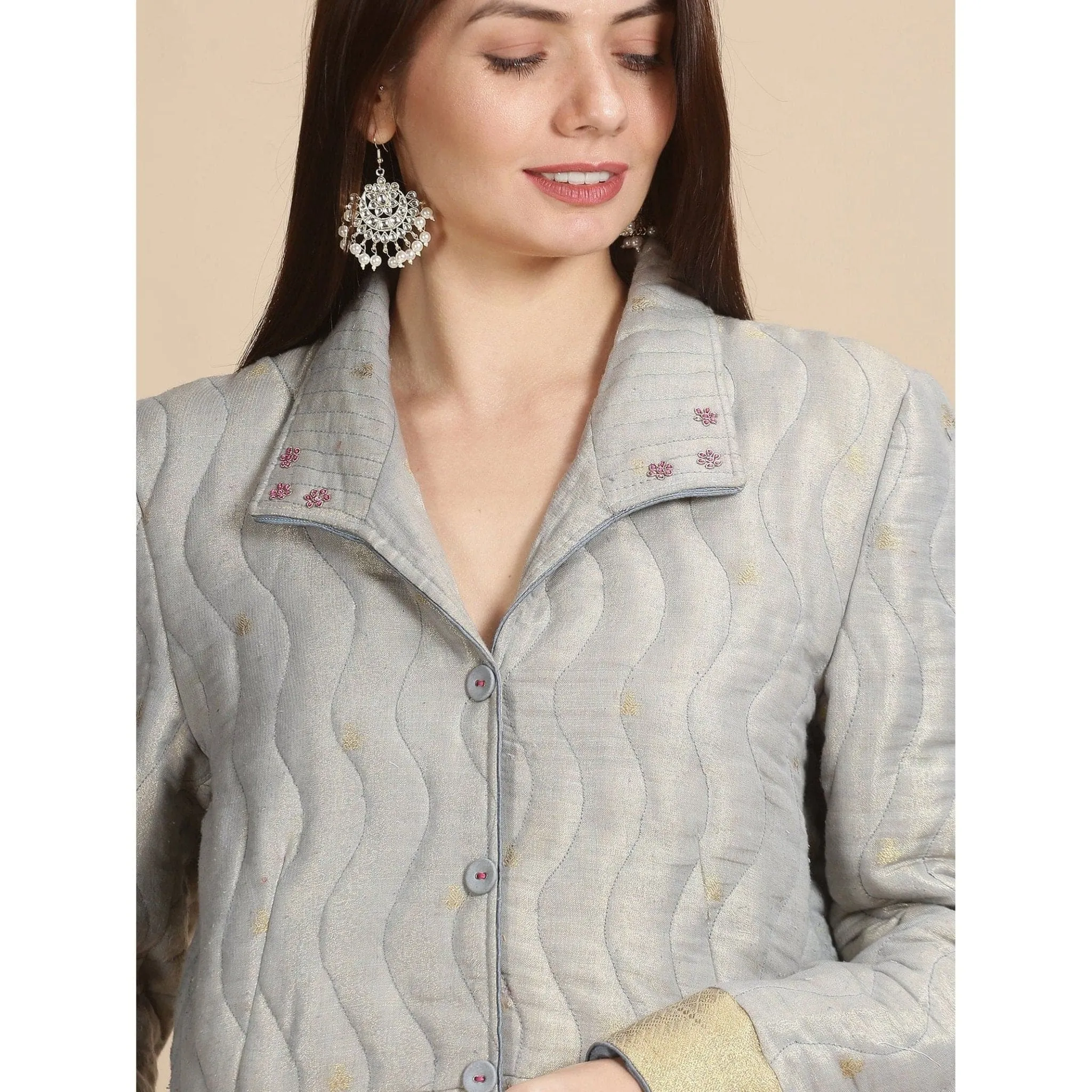 Grey Banarsi Zari Quilted Jacket