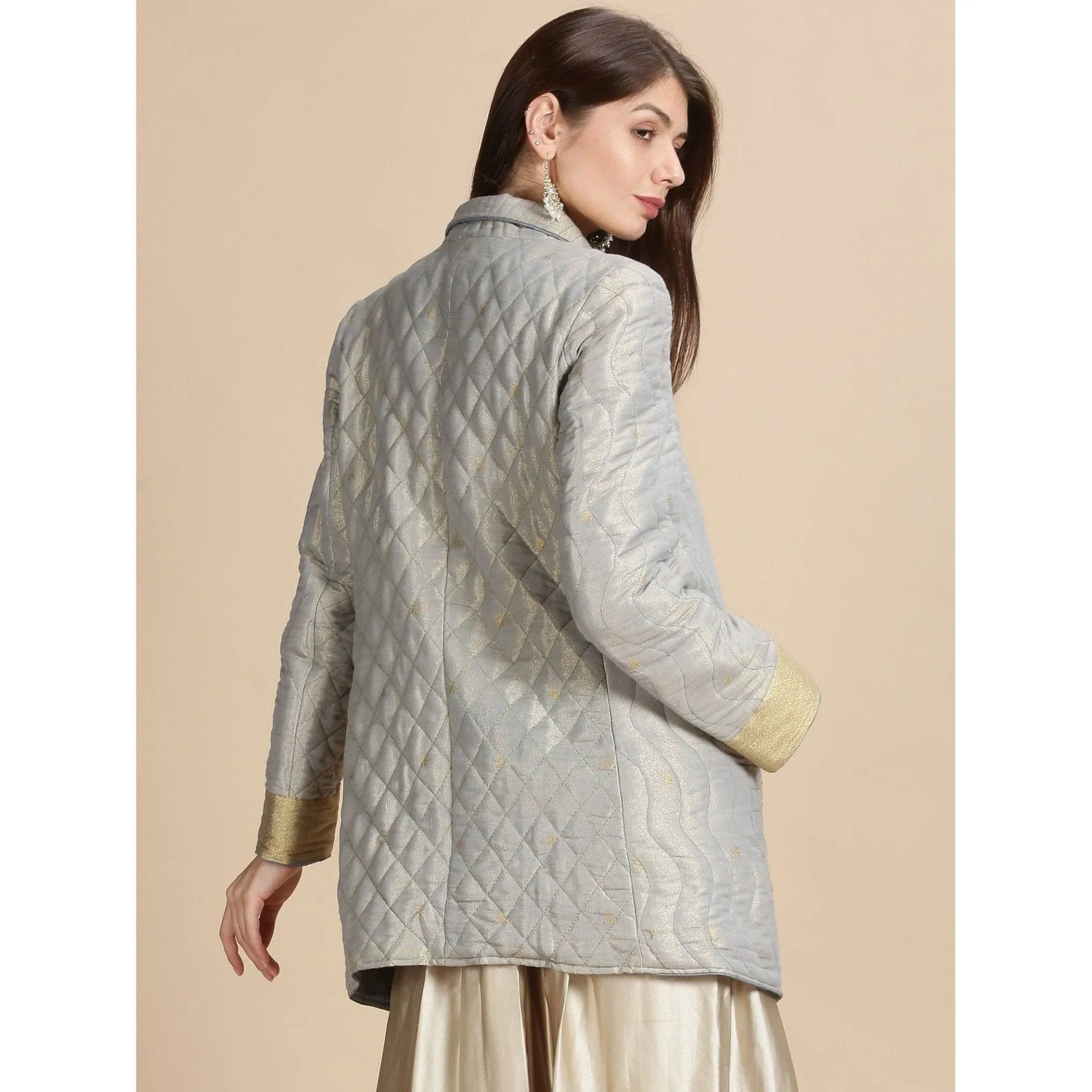 Grey Banarsi Zari Quilted Jacket