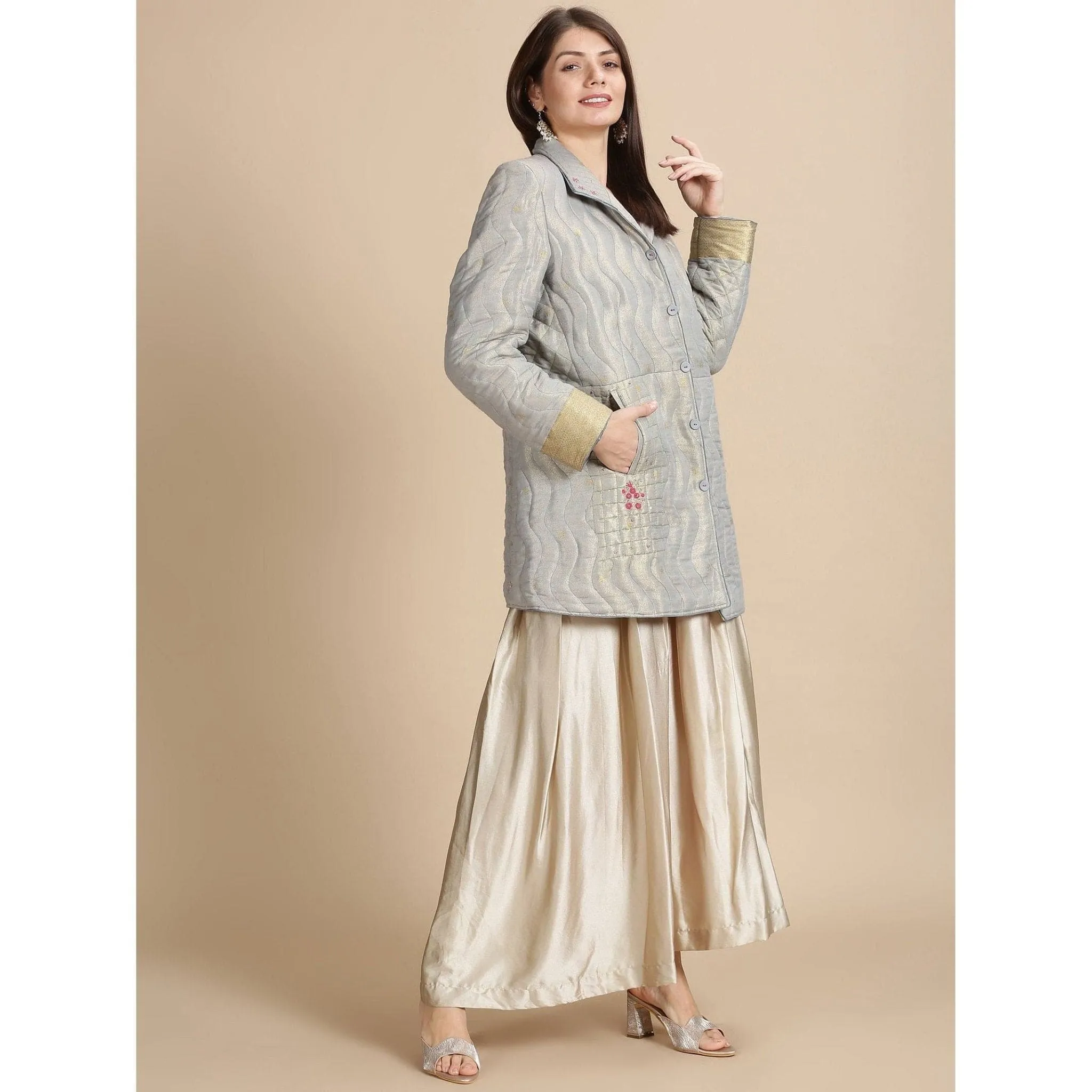 Grey Banarsi Zari Quilted Jacket