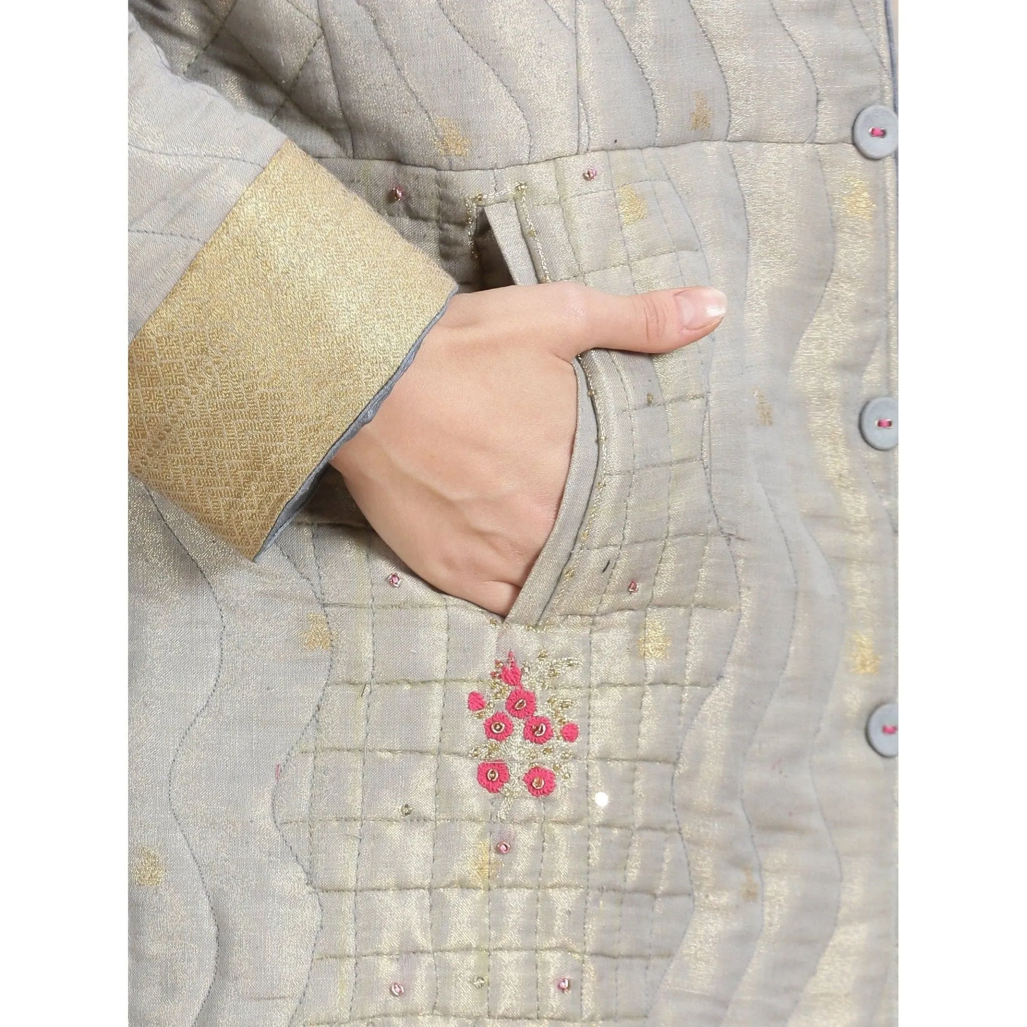 Grey Banarsi Zari Quilted Jacket