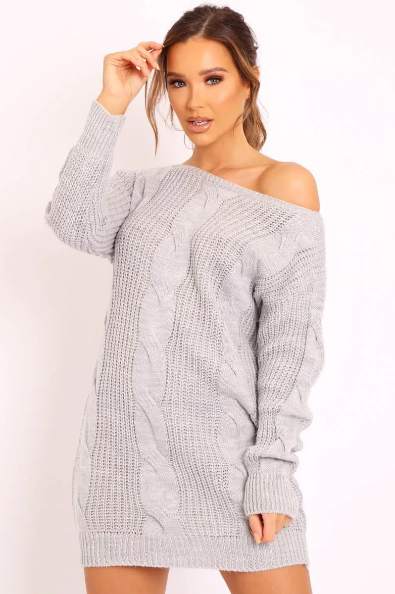 Grey Cable Knit Off Shoulder Jumper Dress - Berry