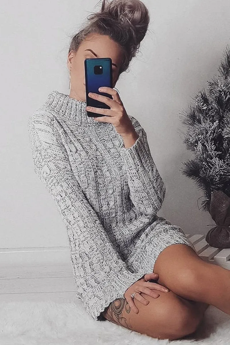 Grey Cable Knit Roll Neck Jumper Dress - Matilda