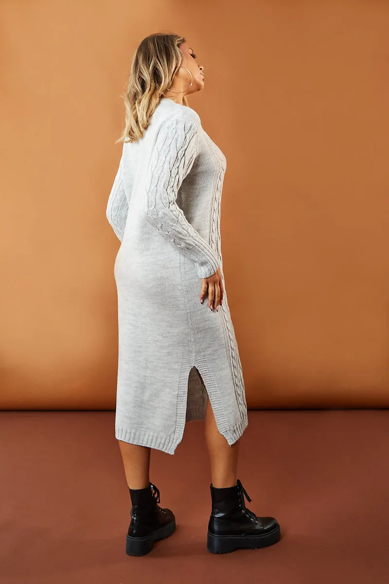 Grey Cabled Knit Oversized Midi Dress - Susan