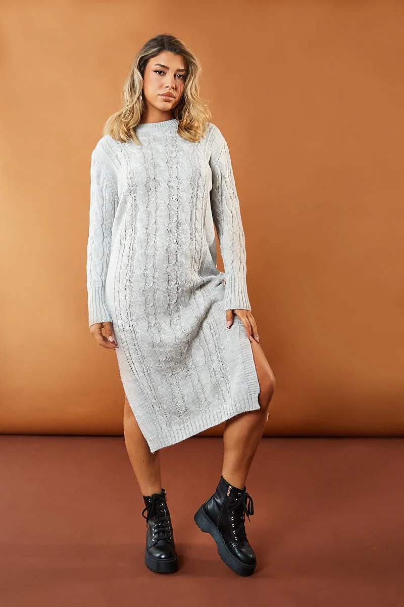 Grey Cabled Knit Oversized Midi Dress - Susan