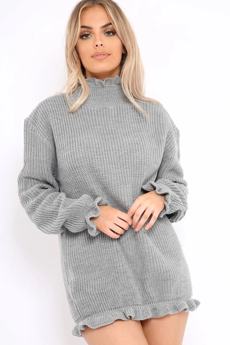 Grey Knitted Ruffle Jumper Dress with Elasticated hems - Velma