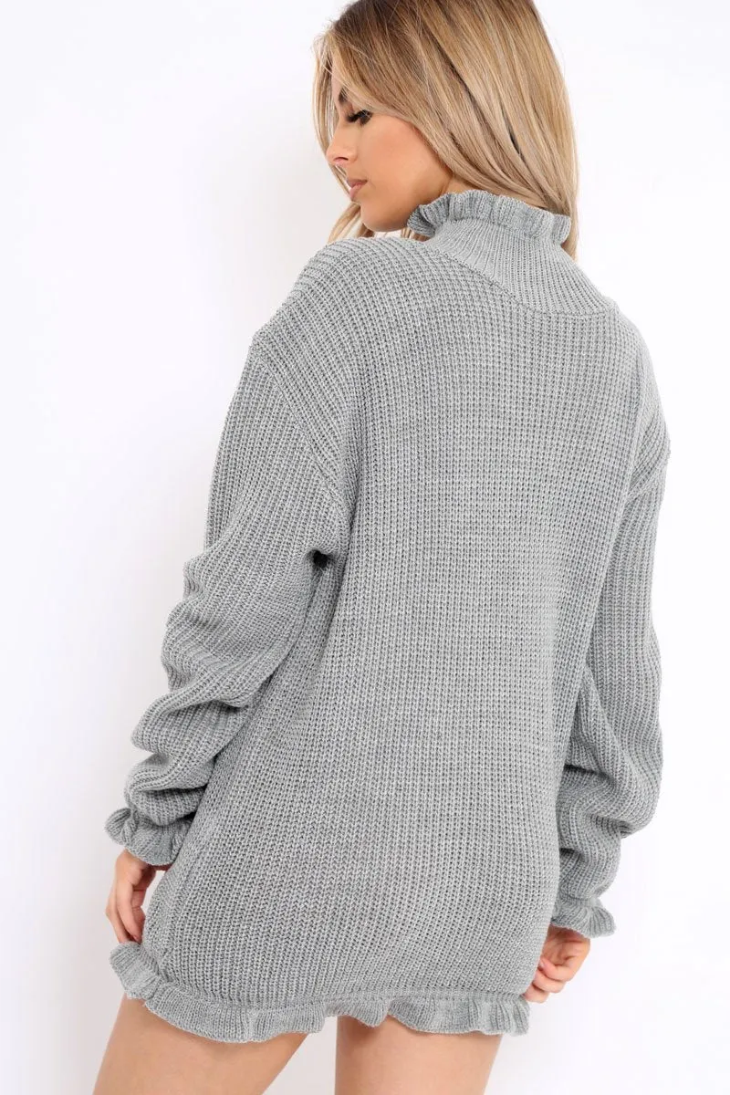 Grey Knitted Ruffle Jumper Dress with Elasticated hems - Velma