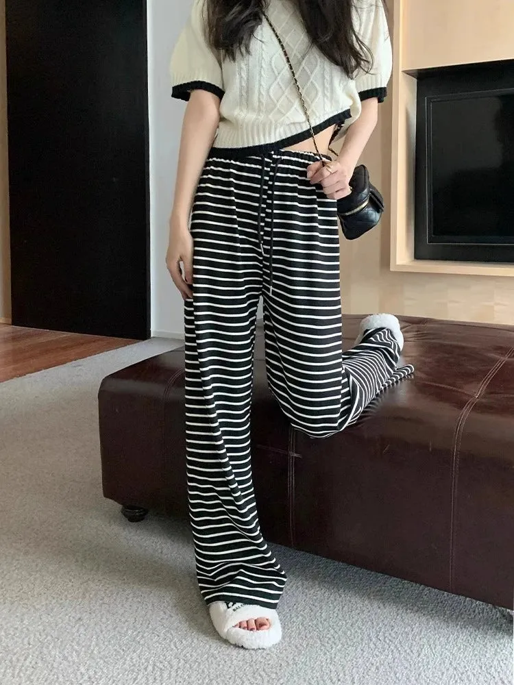 High Quality Cool Cotton Striped Casual Spring Summer High Waist Pants