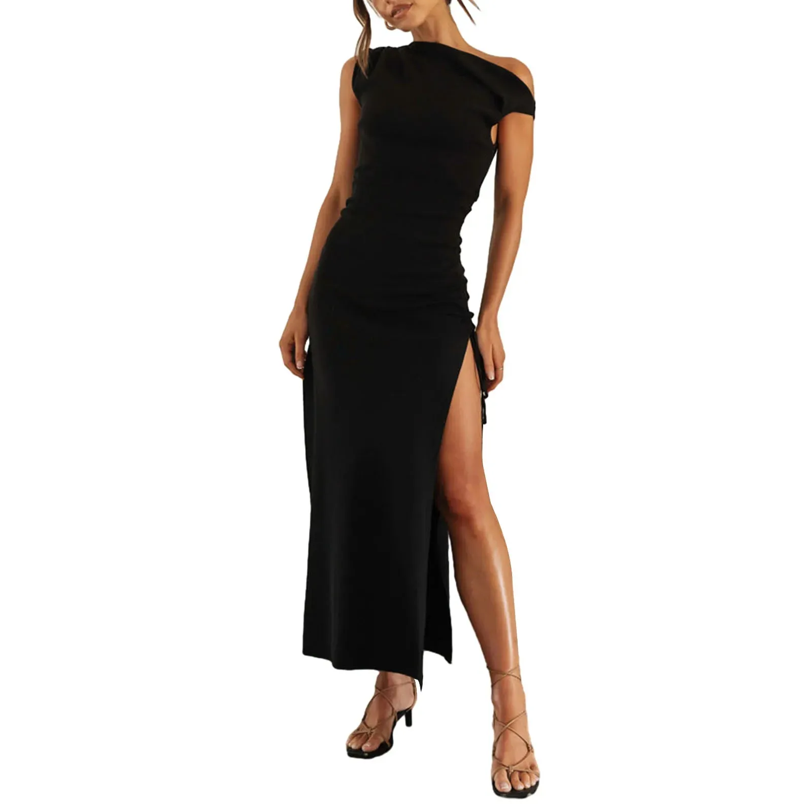 High Split Bodycon Oblique Sleeveless Drawstring Slim Fit Cocktail Party Maxi Sexy Dress