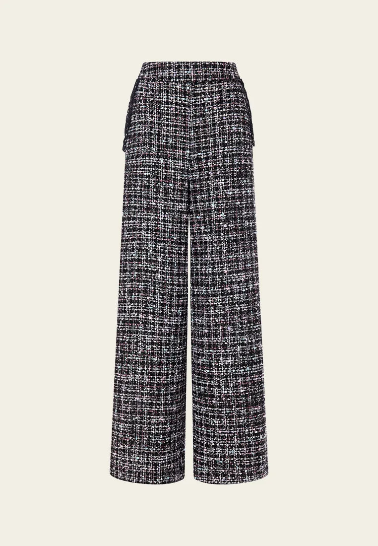 High-waist Contrasting-trim mixed tweed trousers