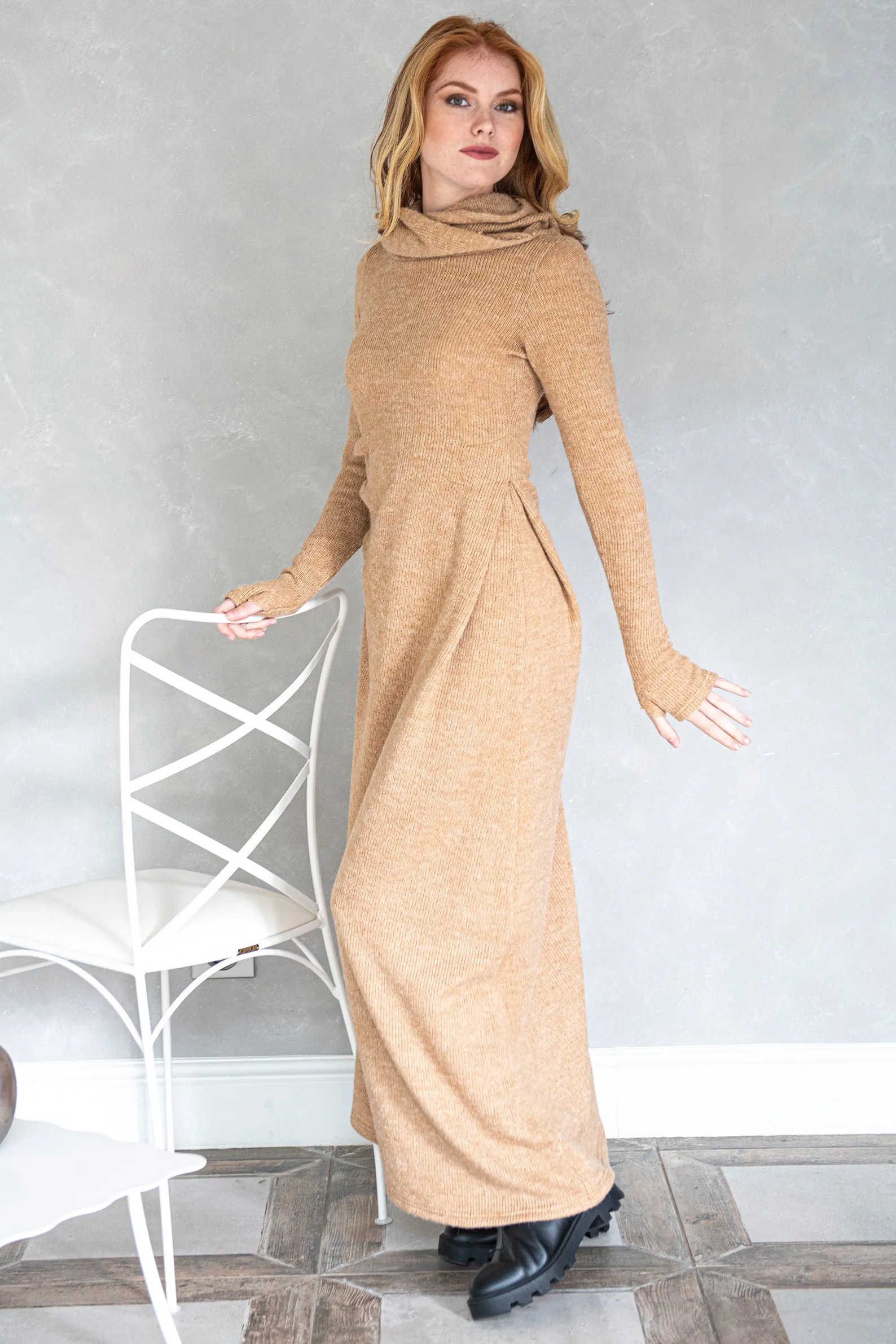 Hooded Knit Dress with Accent