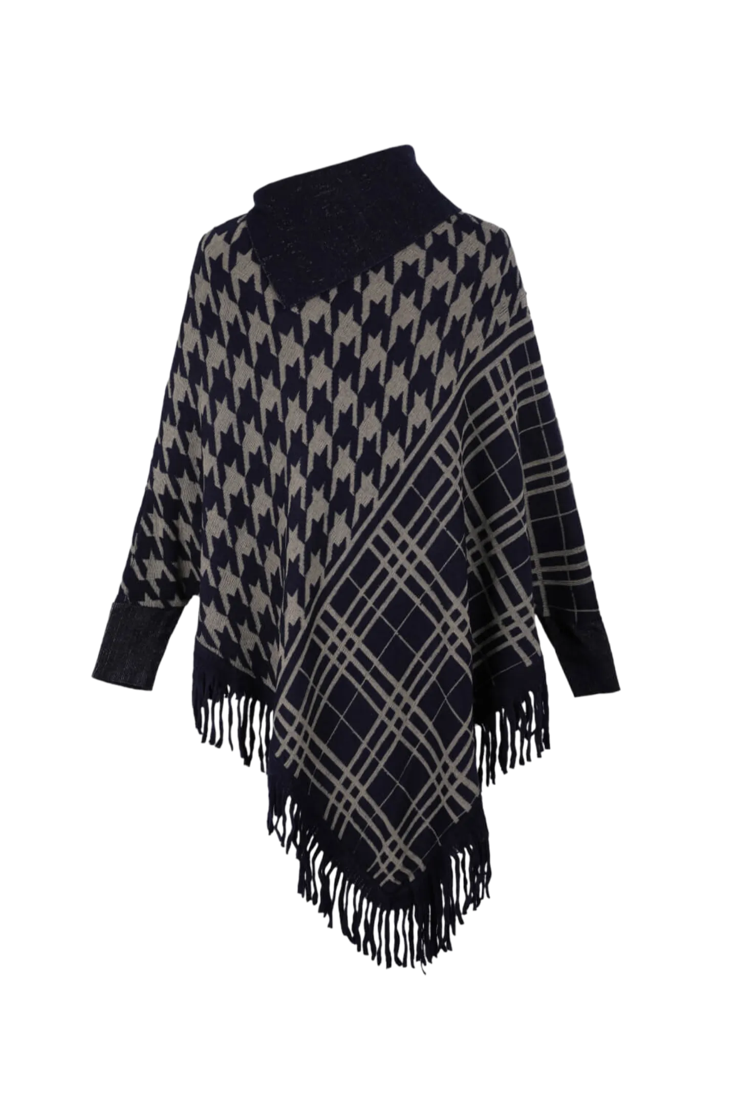 Houndstooth Turtleneck Fringe Hem Poncho