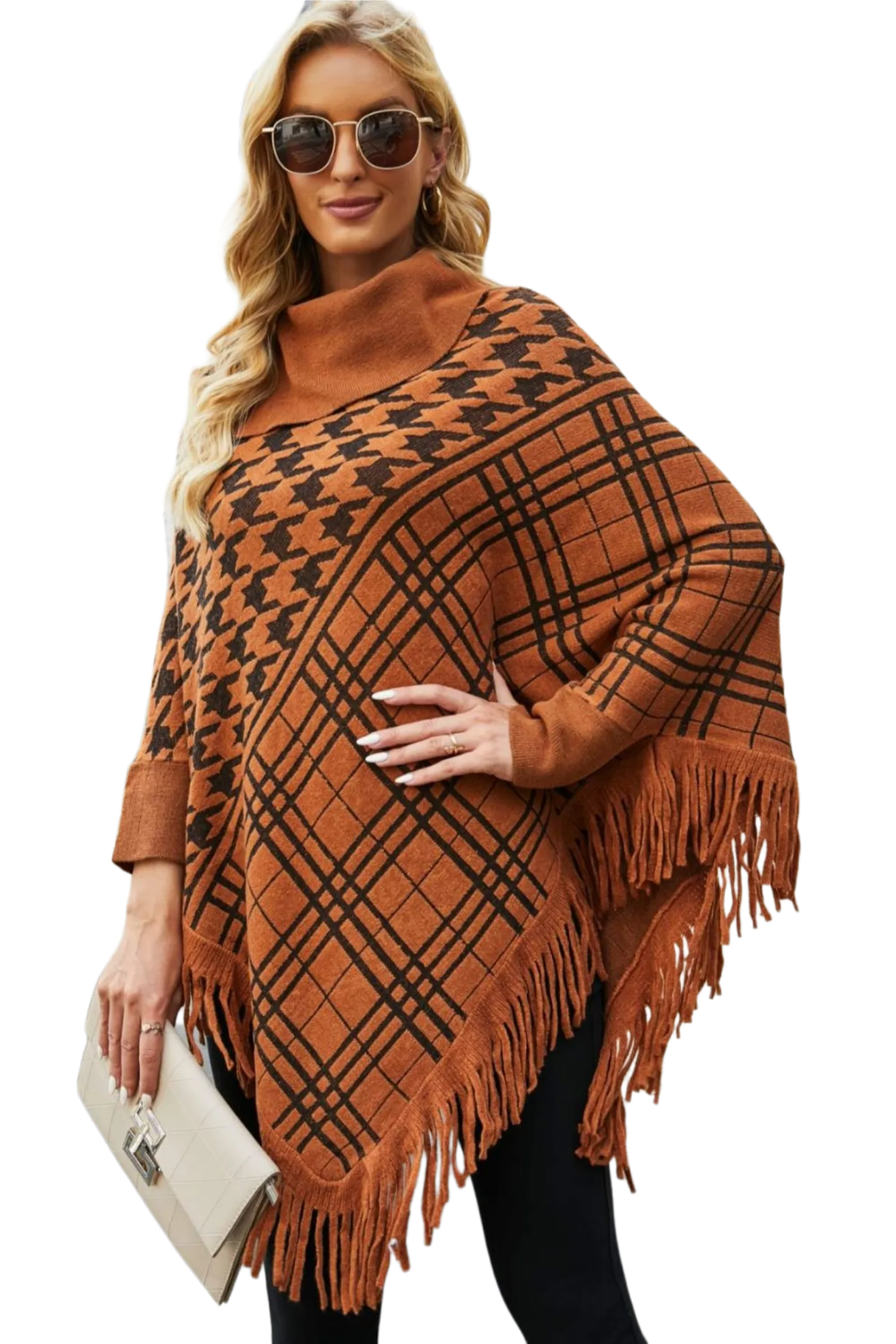 Houndstooth Turtleneck Fringe Hem Poncho