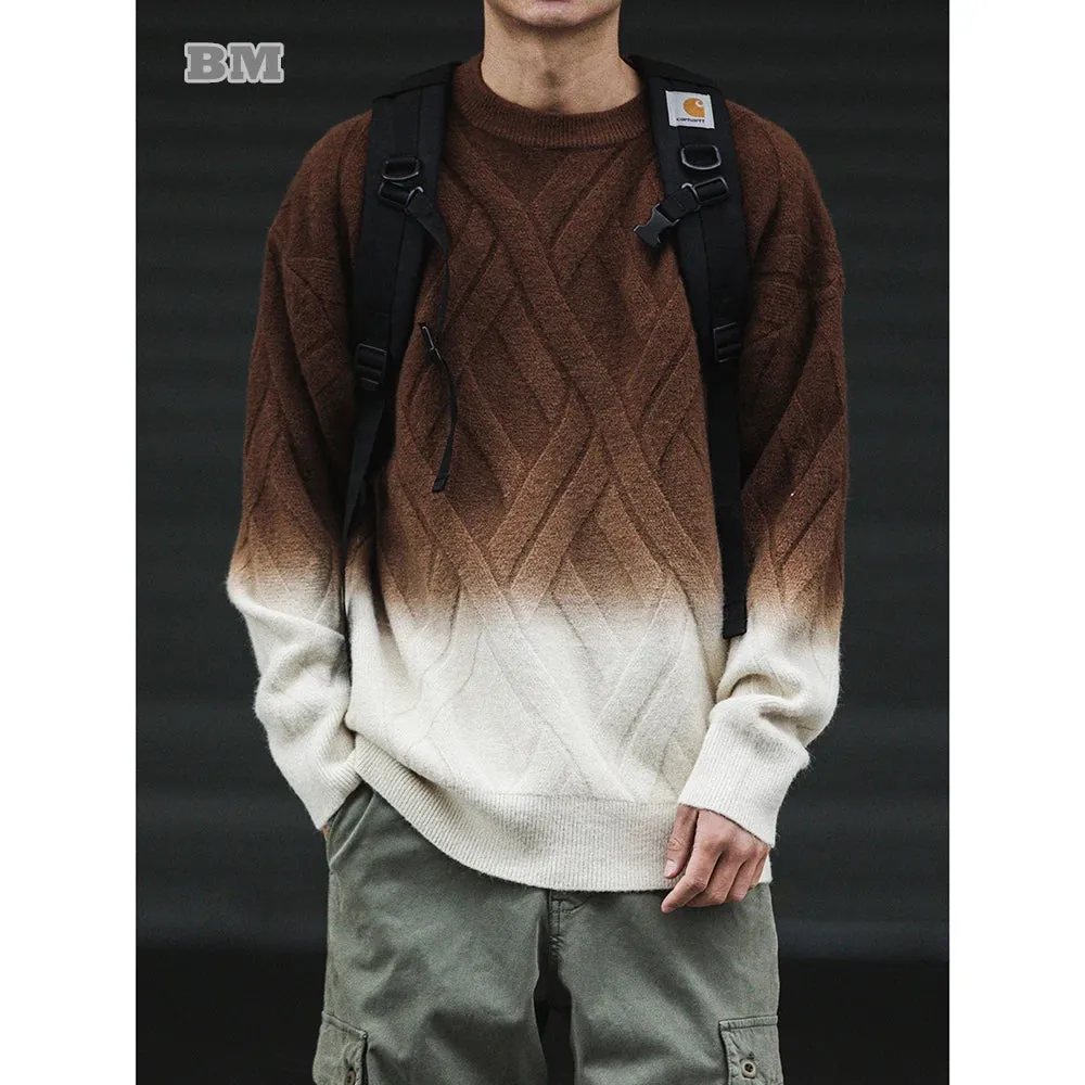 Japanese Streetwear Gradient Knitwear Sweater Crew Neck Pullover