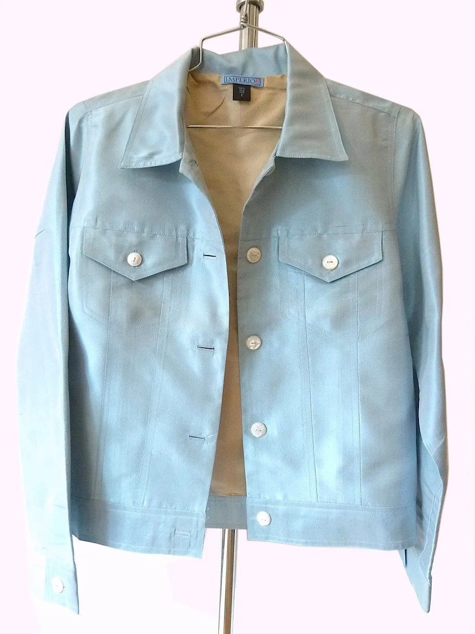 Jean Jacket Thai Silk And Mother Of Pearl Baby Blue Champagne