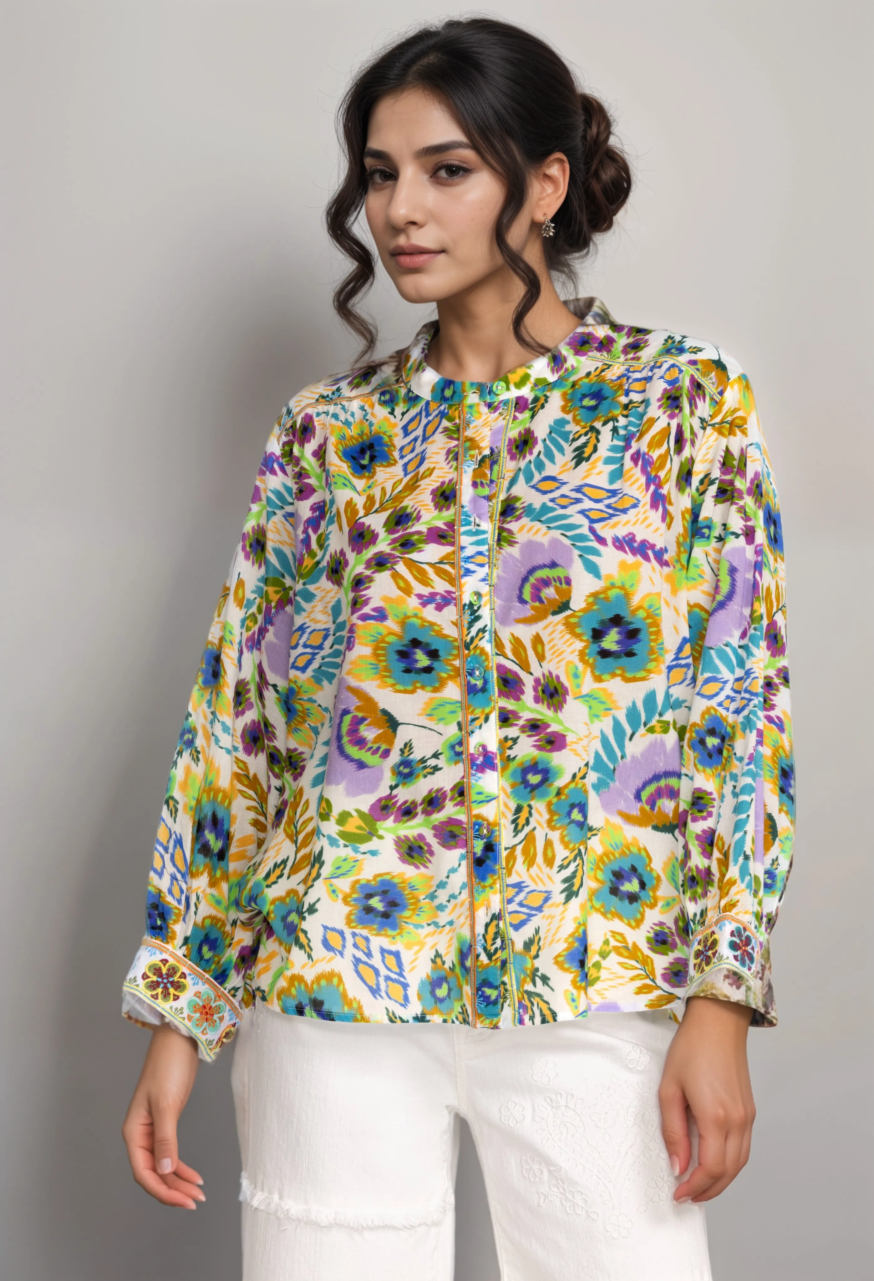 Johnny Was Workshop Ikat Bloom Shirred Yoke Blouse W11923 Boho Chic