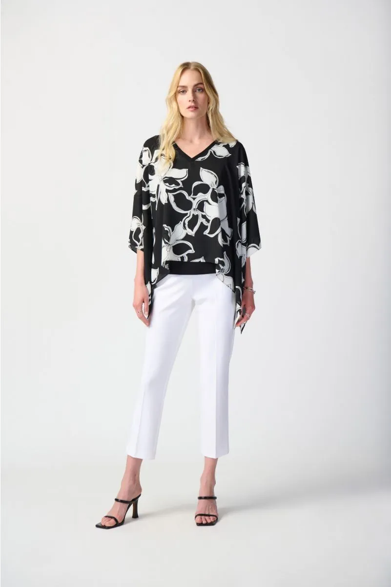 Joseph Ribkoff Black/Vanilla Floral Print Two-Tone V-Neck Poncho Top 241170