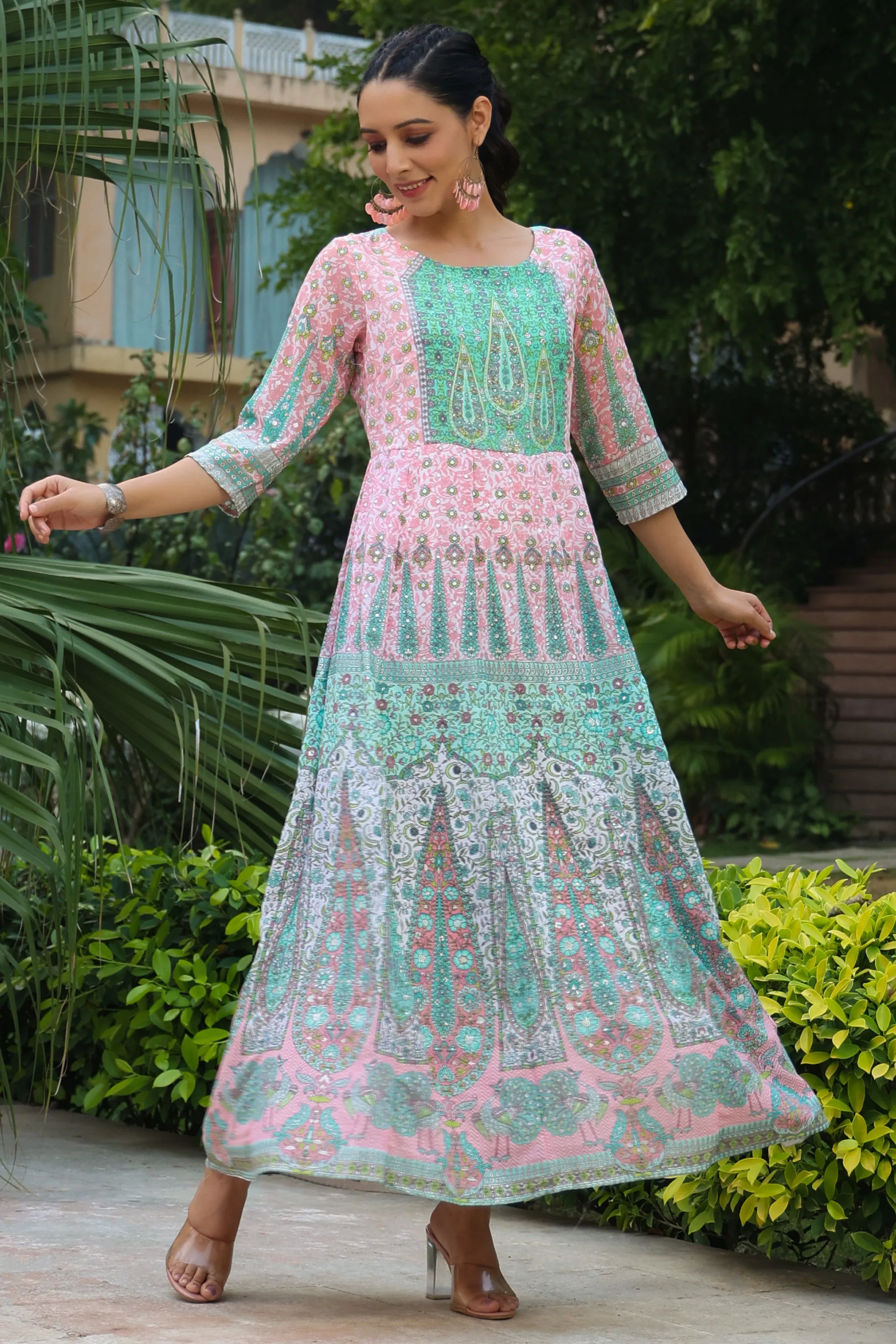 Juniper Peach Ethnic Motif Printed Georgette Anarkali Dress