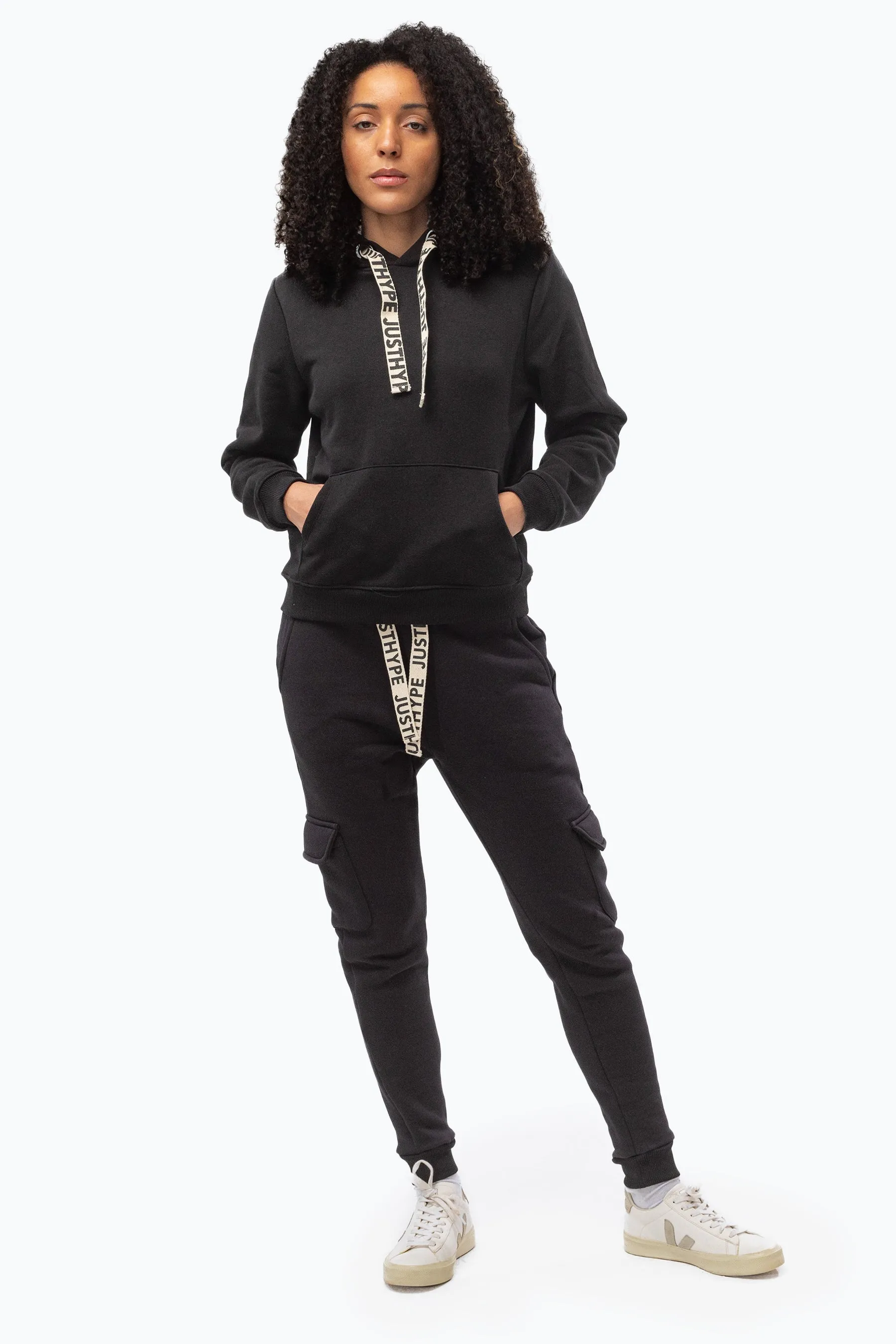 Justhype Womens Black Branded Drawcord Cargo Joggers