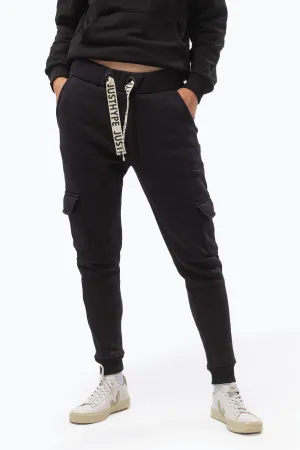 Justhype Womens Black Branded Drawcord Cargo Joggers