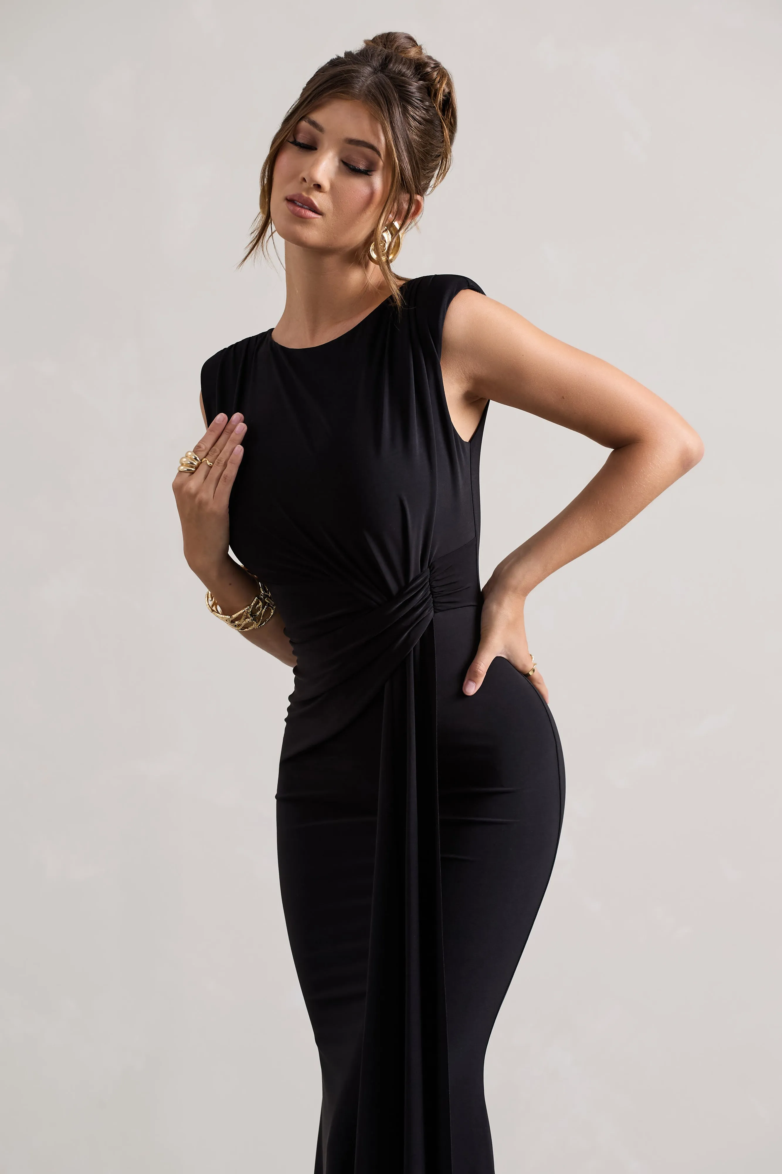 Kadie | Black Sleeveless Gathered Maxi Dress With Drape