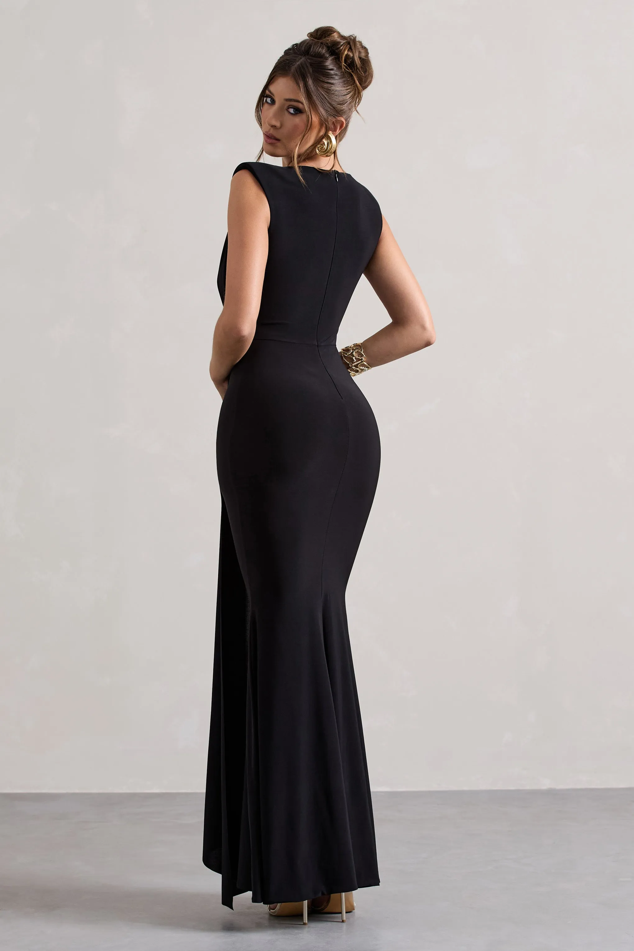 Kadie | Black Sleeveless Gathered Maxi Dress With Drape