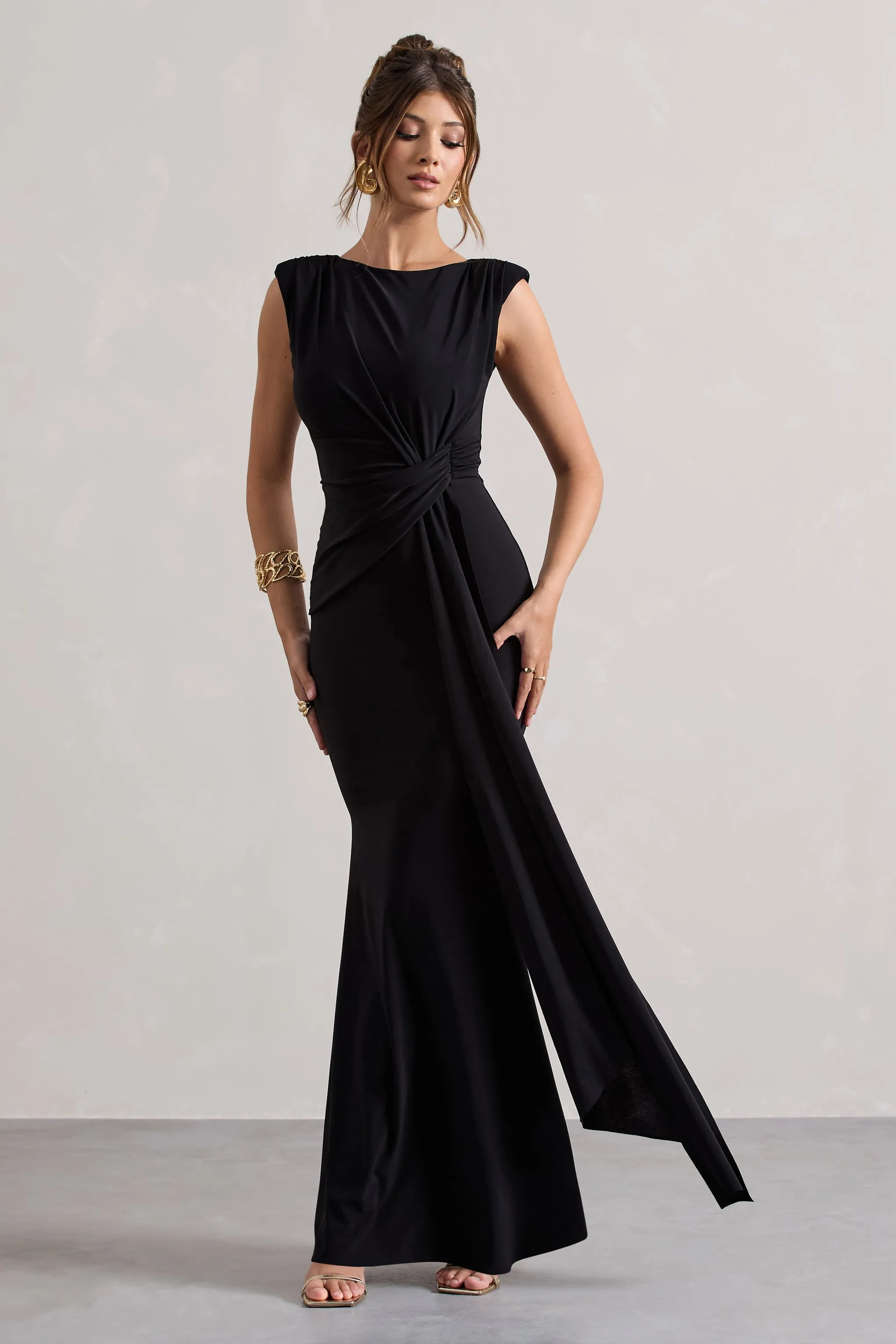 Kadie | Black Sleeveless Gathered Maxi Dress With Drape