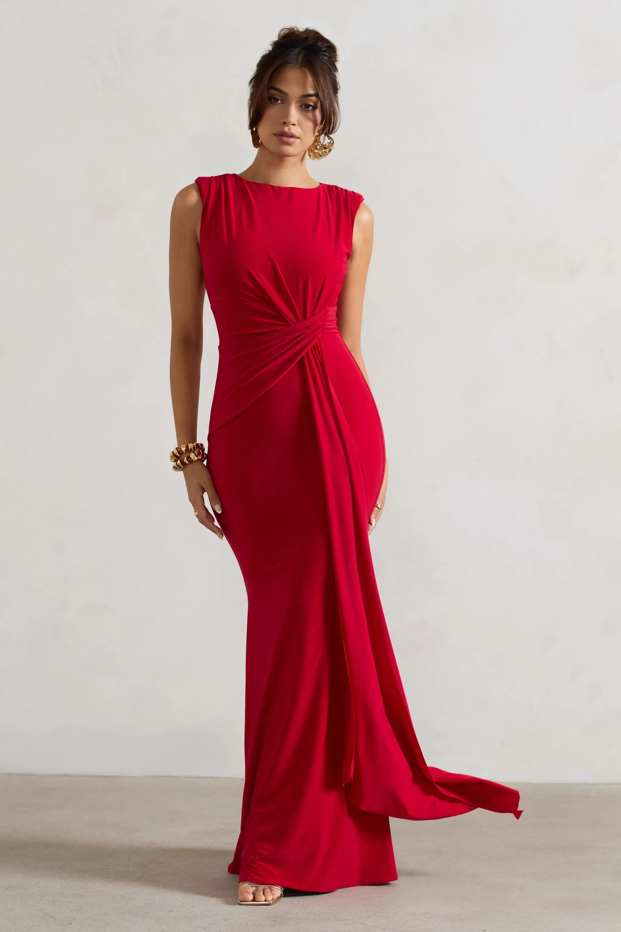 Kadie | Red Sleeveless Gathered Maxi Dress With Drape