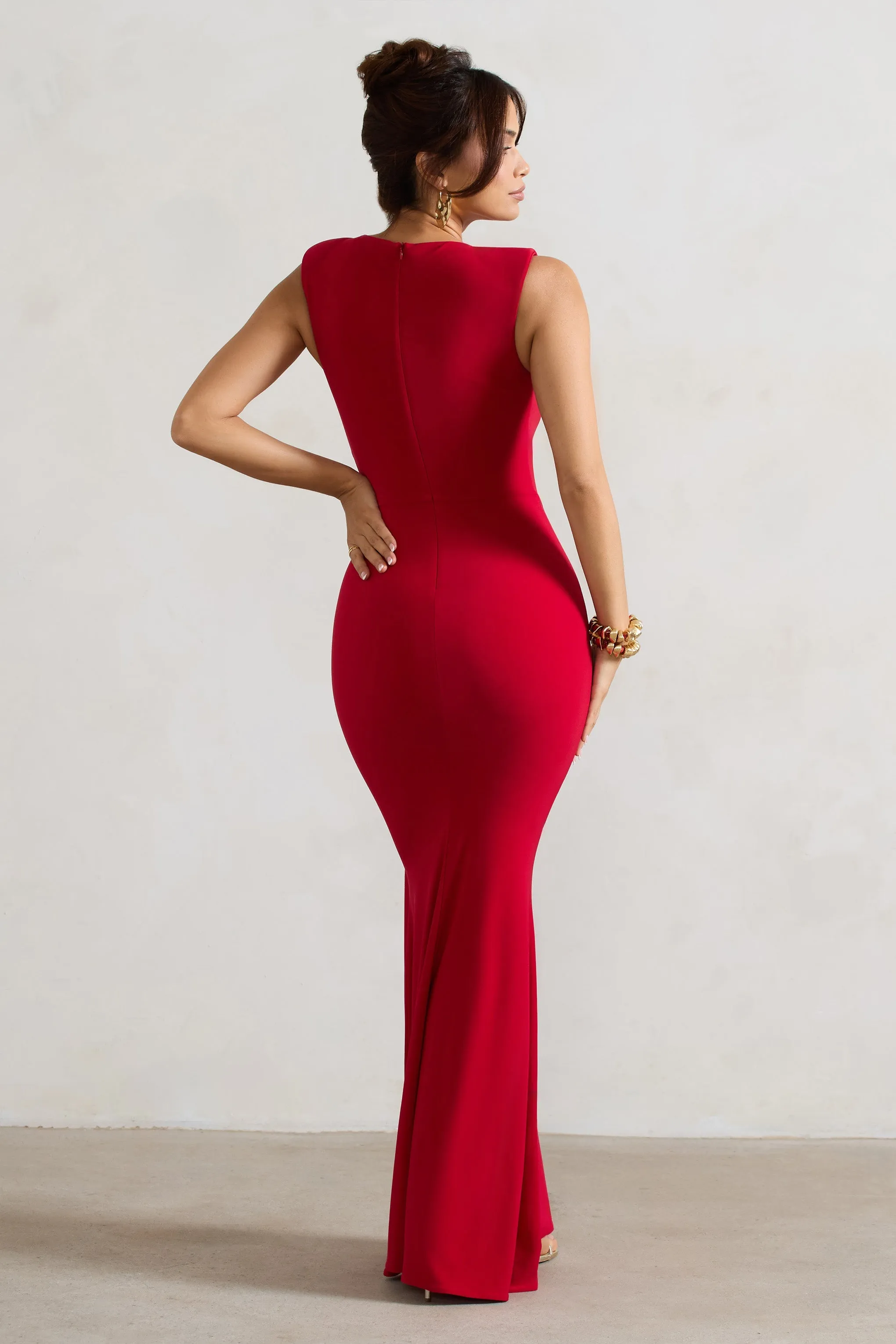 Kadie | Red Sleeveless Gathered Maxi Dress With Drape