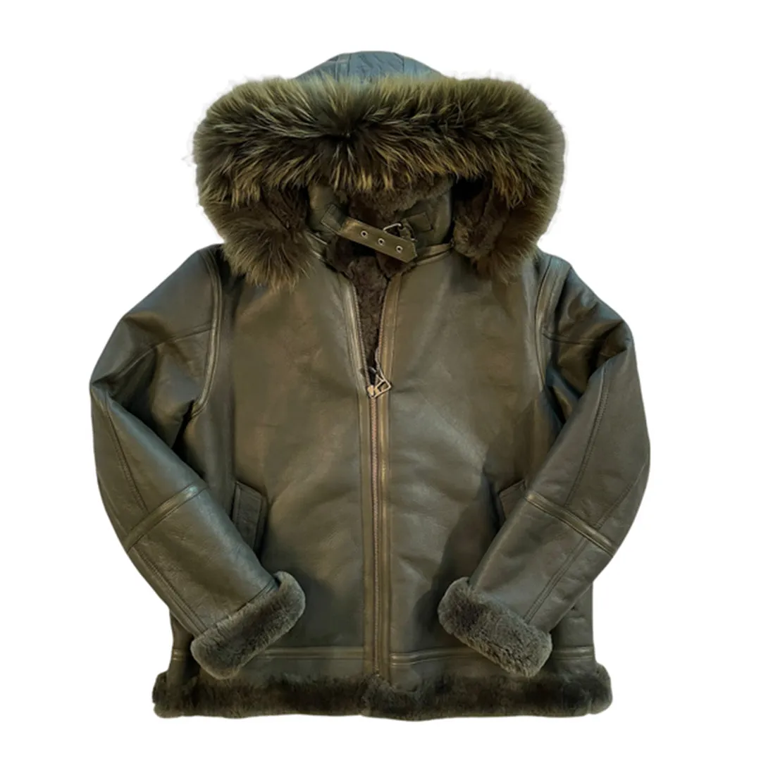 Kashani Olive Green Fox Fur Hooded Aviator Shearling Jacket