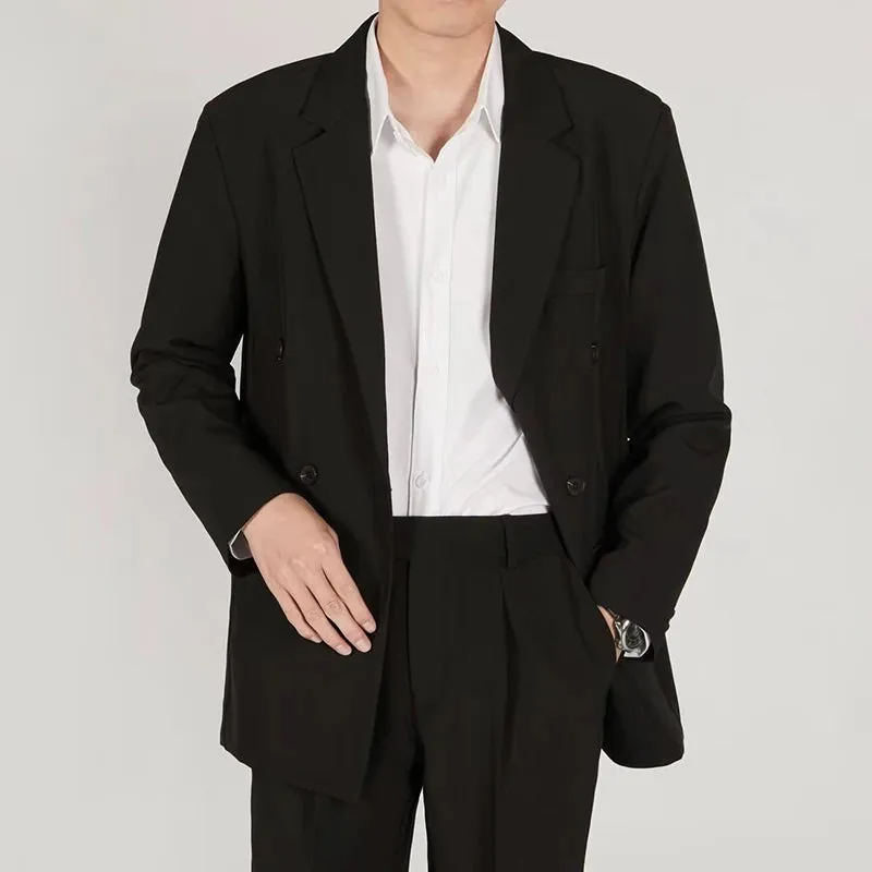 Korean Style Male Blazer Business Casual Double Breasted Loose Solid Color Men's Suit Jackets Autumn Fashion New 9C6758