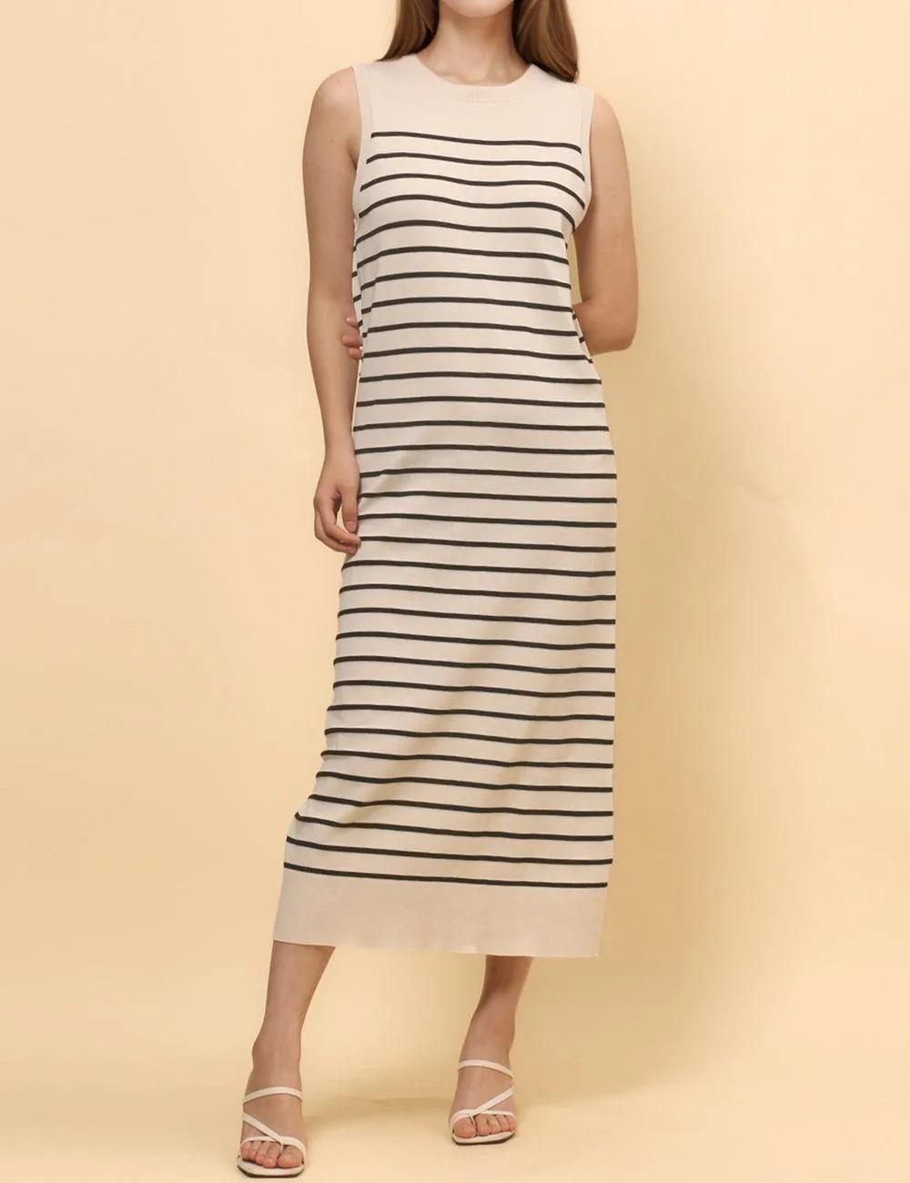 Ladies Color Block Stripe Sleeveless Knit Midi Dress SKD4851