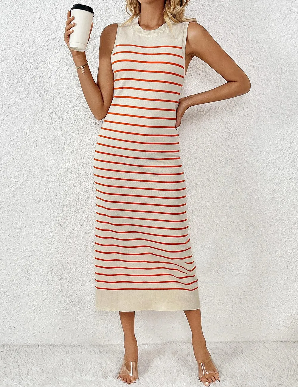 Ladies Color Block Stripe Sleeveless Knit Midi Dress SKD4851