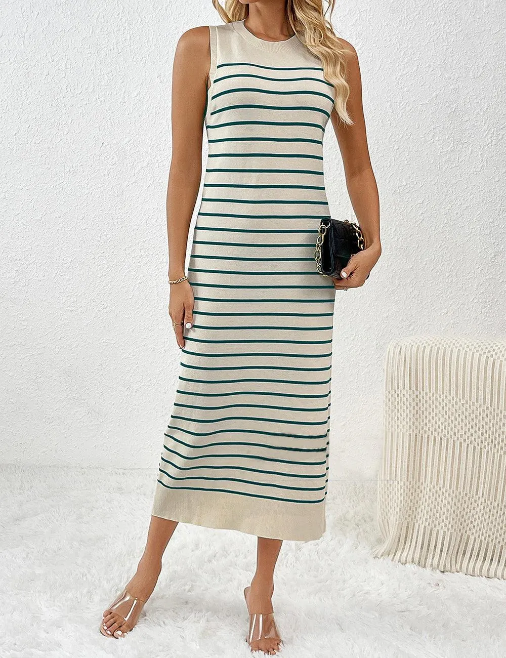 Ladies Color Block Stripe Sleeveless Knit Midi Dress SKD4851