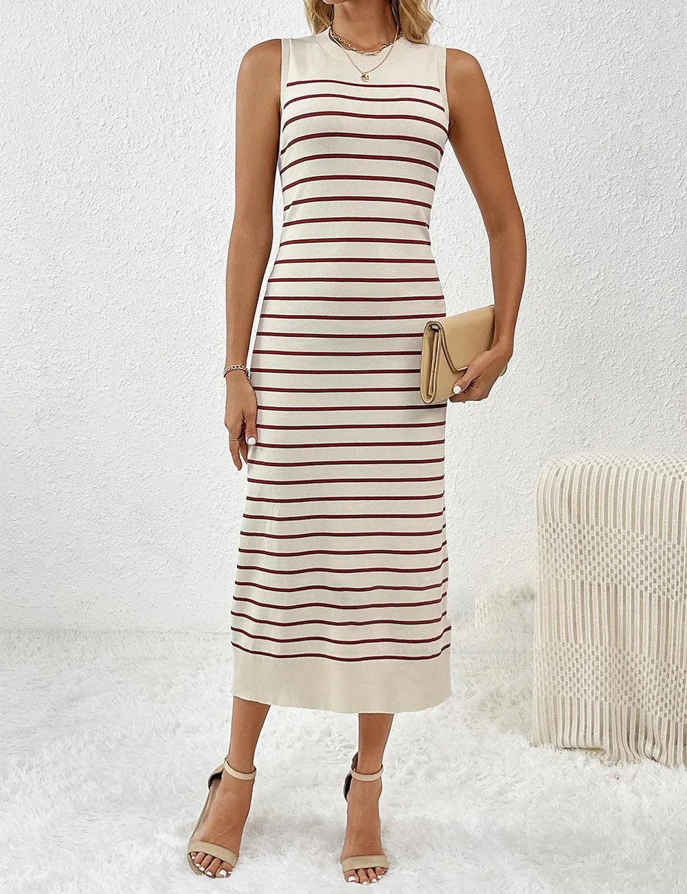 Ladies Color Block Stripe Sleeveless Knit Midi Dress SKD4851