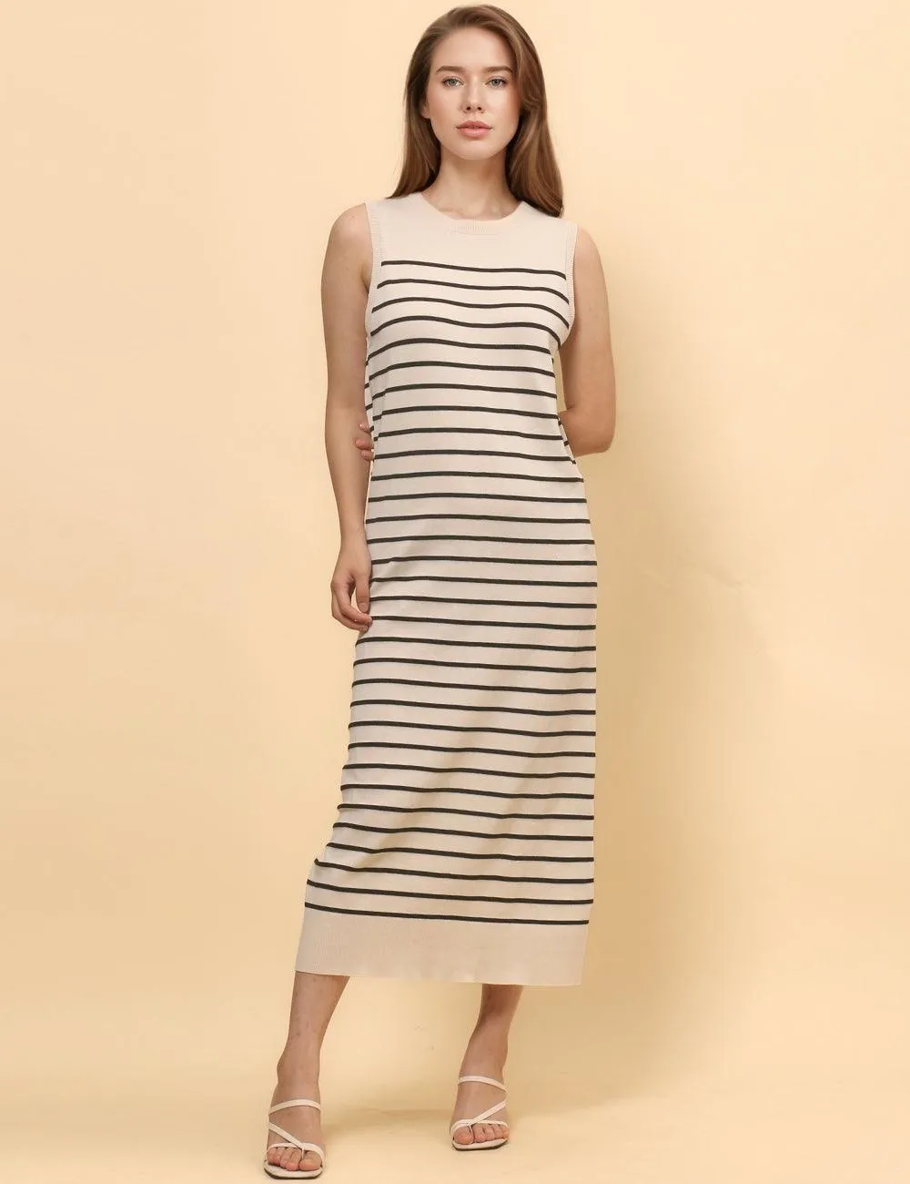 Ladies Color Block Stripe Sleeveless Knit Midi Dress SKD4851