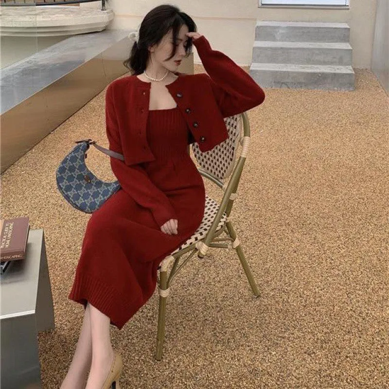 Lanfubeisi korean fashion Autumn 2024 New Women's Fashion Korean Style Sling Knitted Dress   Long Sleeve Cardigan Sweater Two-Piece Ins Fashion