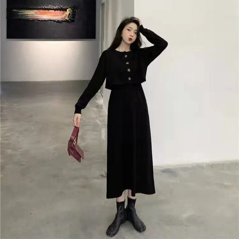 Lanfubeisi korean fashion Autumn 2024 New Women's Fashion Korean Style Sling Knitted Dress   Long Sleeve Cardigan Sweater Two-Piece Ins Fashion