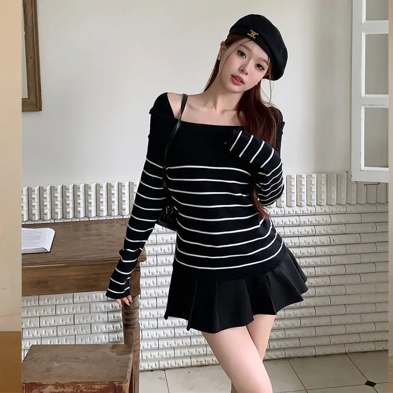 Lanfubeisi long sweater dress outfit Striped Temperament off-Shoulder Sweater Women's Autumn Slim Slimming Gentle Bottoming Sweater Top