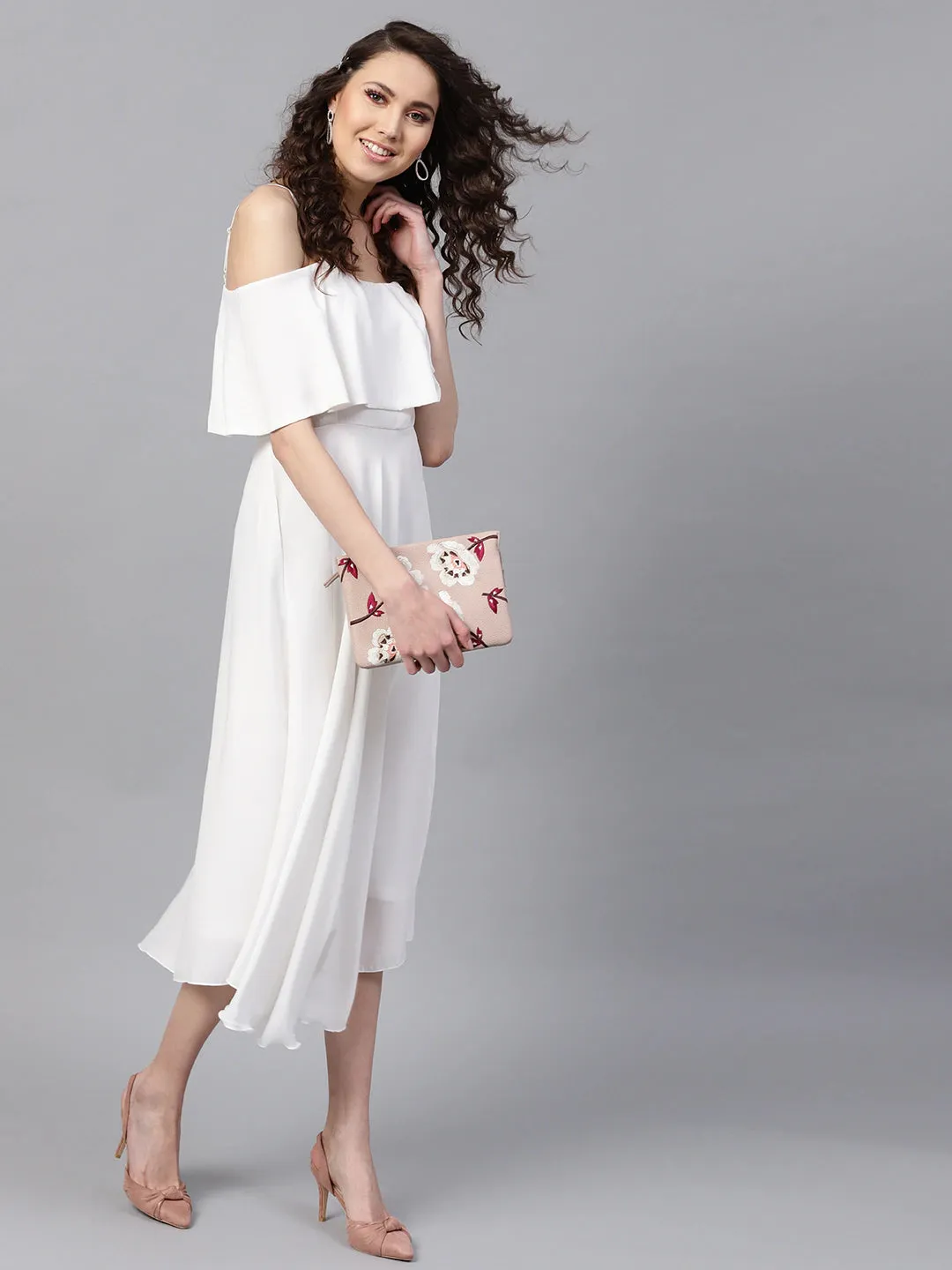 Layered Fit & Flare Ivory Midi Strap Dress