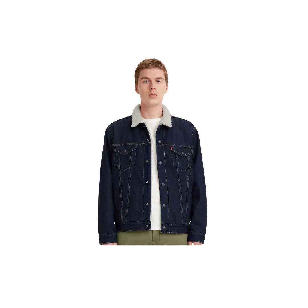 Levi's Men's Sherpa Trucker Denim Snap Juniper Rinse Blue Jacket