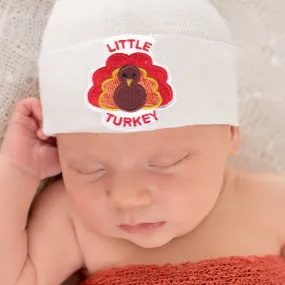 Little Turkey Thanksgiving Patch White Newborn Hospital Hat - Gender Neutral - Boy or Girl