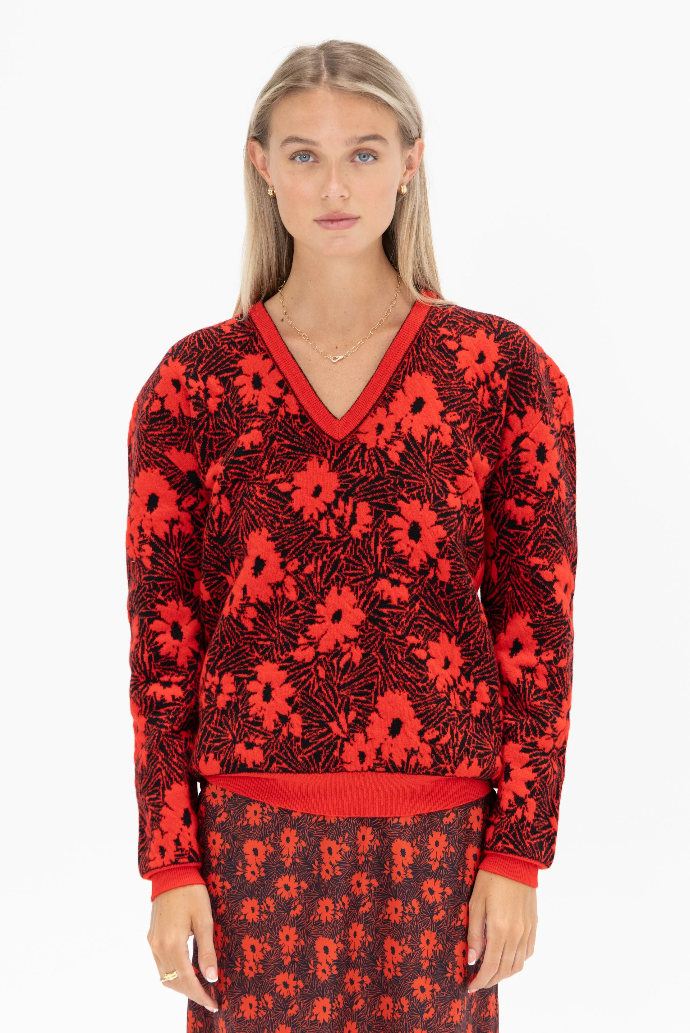 Long Sleeve V-neck Knit, Black & Red