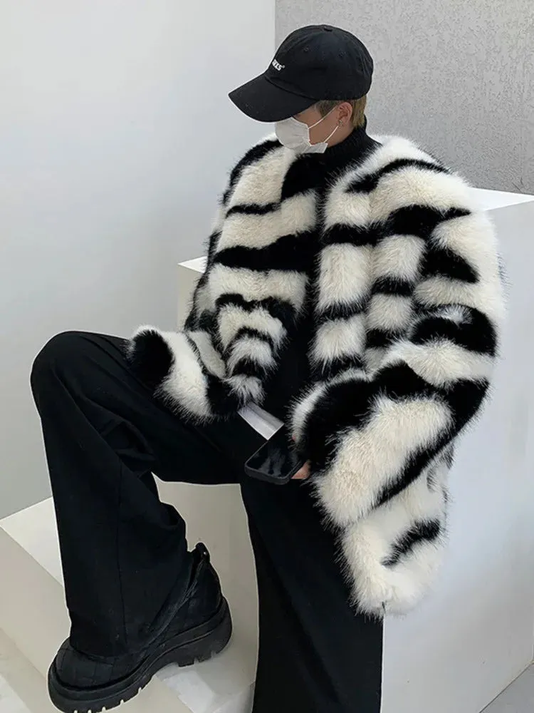 Male Loose Fur Coat Men's Male Contrast Color Round Neck Autumn Winter High Street Black White Cotton Overcoat 24A1117