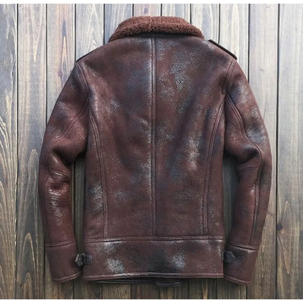 Men Brown B3 Bomber sheepskin shearling leather wool jacket