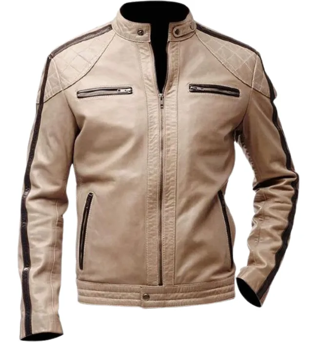 Men’s Biker Beige Color Leather Jacket