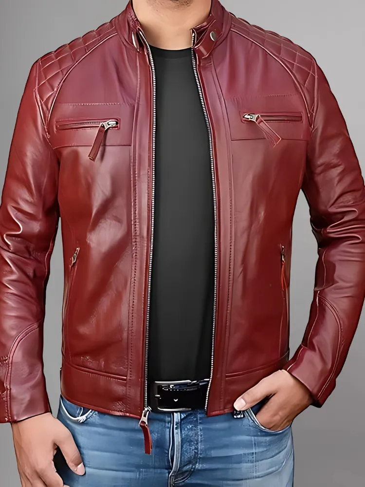 Mens Black and Maroon Quilted Cafe Racer Leather Jacket